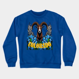 Colorado Bighorn Sheep With Blue Columbine Flowers Crewneck Sweatshirt